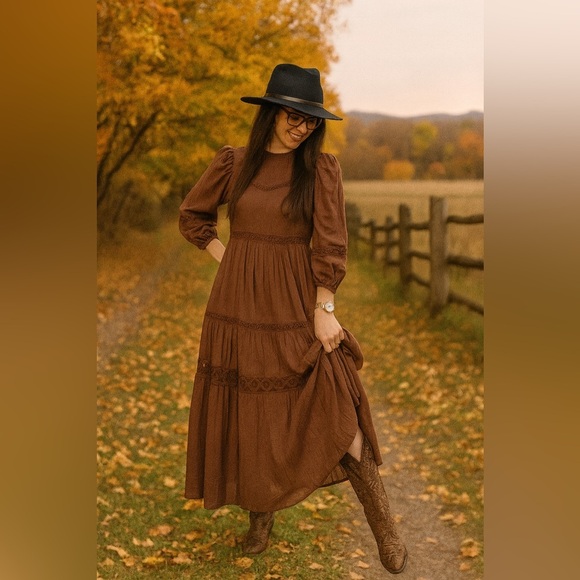 Zara Dark Brown Embroidered Maxi Dress - Picture 2 of 7